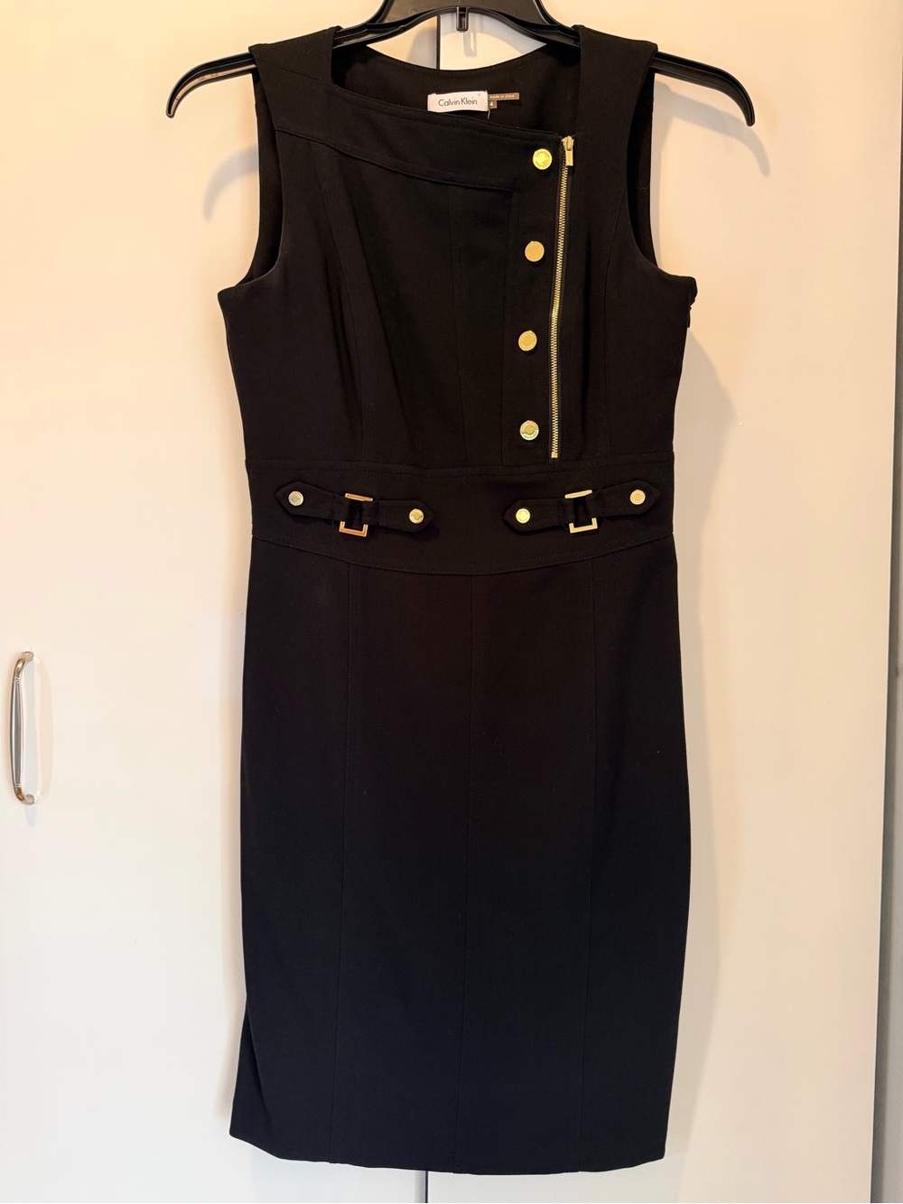 Calvin Klein Black Sheath Dress with Gold Hardware